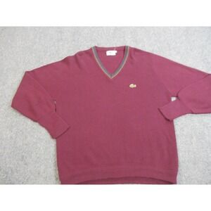 Vintage‎ Izod Lacoste Sweater Mens 42 Burgundy V Neck Stripe Collar Knit 80s